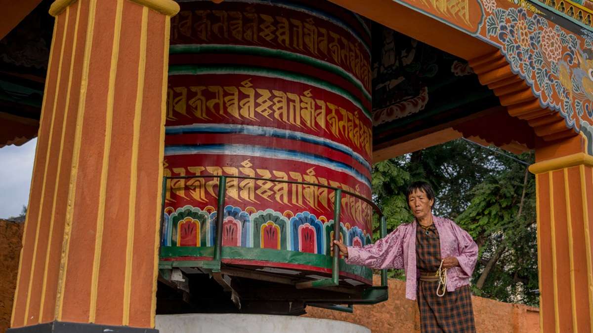 Peaceful prayers at the iconic Samdrup Jongkhar prayer wheel