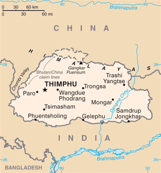 Map of Bhutan showing its borders with China and India
