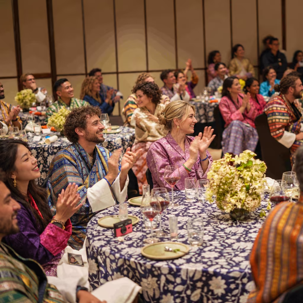 Corporate guests in Bhutanese dress applauding at a cultural dinner