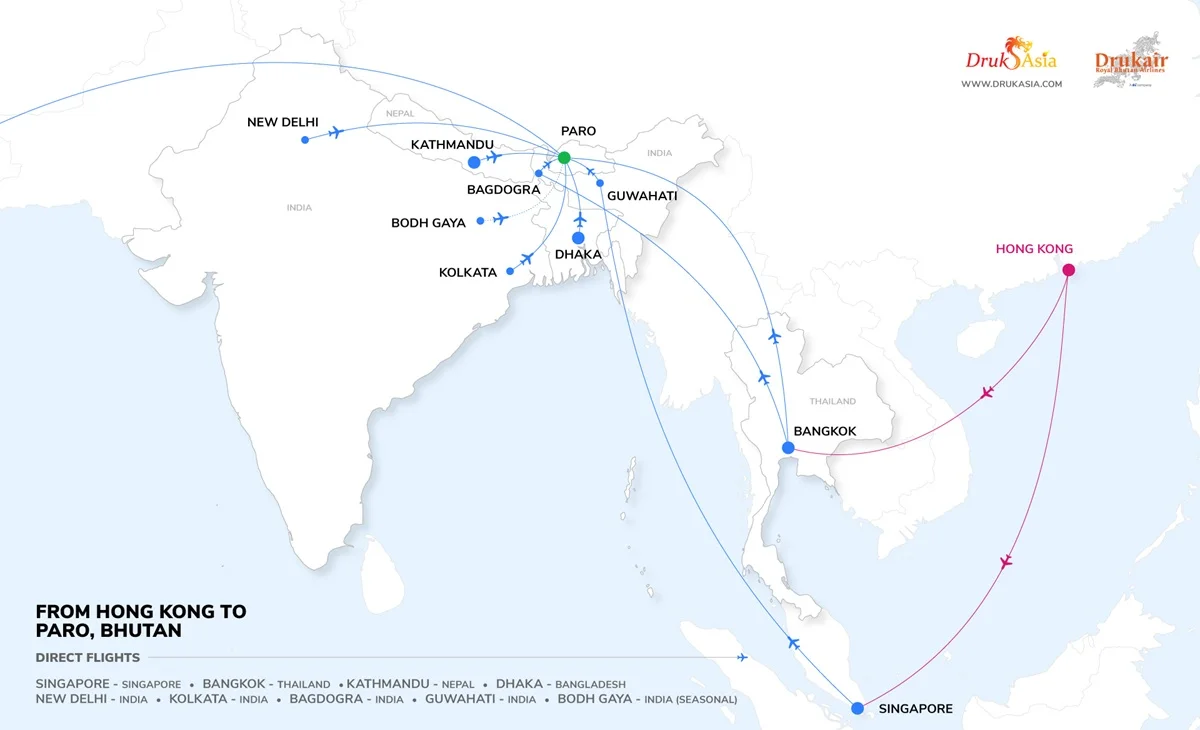 Bhutan - Hong Kong flight route infographic